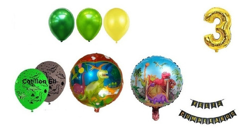 Imagen 3 de 4 de Kit Deco Feliz Cumple Globos Dinosaurios Banderin Y Numero