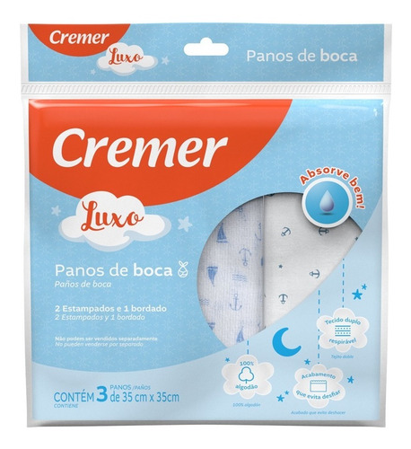 Pano De Boca Menino 100% Algodão Kit Com 3 Unidades Cremer