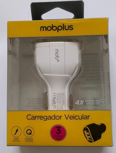 Carregador Veicular Super Speed 3 Portas Usb Branco Mobplus