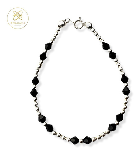 Imagen 5 de 7 de Pulsera Plata Bolitas 3mm Y Cristal Negro 4mm