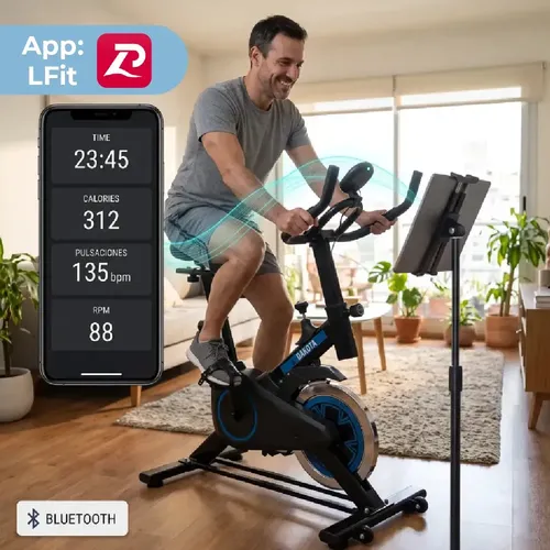 Bicicleta Fija Spinning 150kg Reforzada Dakota Bluetooth 6kg Color Negro