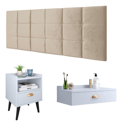 Kit Quarto Penteadeira Camarim Mesinha 1 Gaveta Cabeceira Cor Branco | Areia Suede