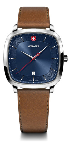 Wenger Reloj Vintage Classic 37 Mm Azul, Con Correa Café Color de la correa Caqui Color del bisel Plateado Color del fondo Azul