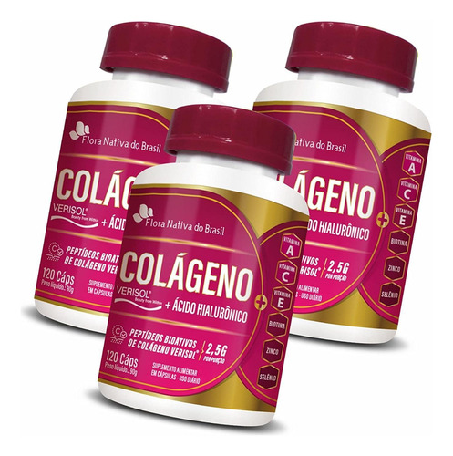 Kit 3 Colágeno Verisol Ácido Hialurônico 120 Caps Fnb
