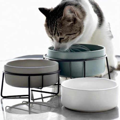Comedero Bebedero Ceramico Base Hierro Gato Perro Gris S