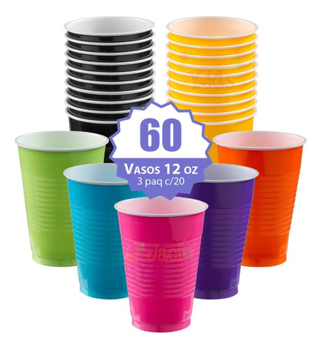 60 Vasos Desechables 12oz Fiesta Colores Amscan - Sol0x1v