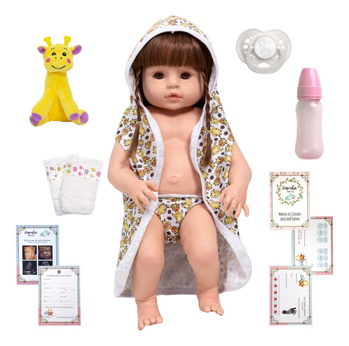 Boneca Reborn Silicone Girafa Saída De Banho Cabelo Longo