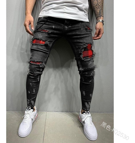 Jeans Rasgados Con Parche Elástico Para Hombre