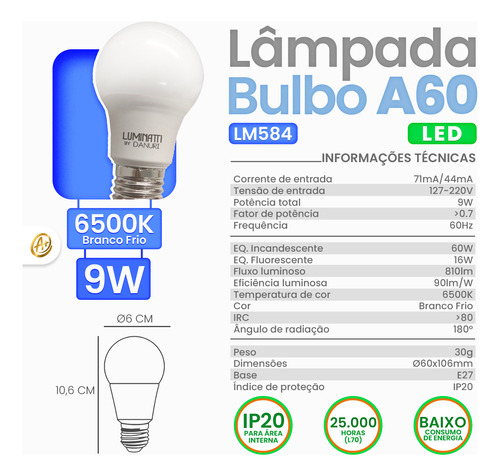 Lâmpada Led Bulbo A60 3000k 4000k 6500k 9w E27 Bivolt Lm571