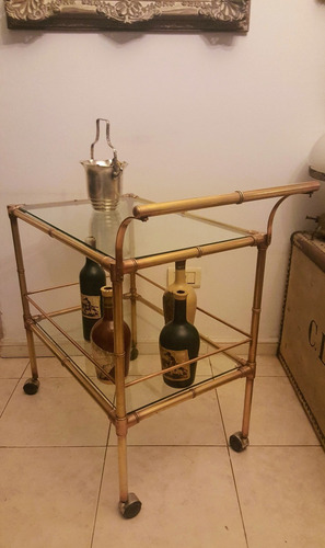 Antigua Mesa Carro Bar Auxiliar Bronce Doble Plano Vidrio (Usado)