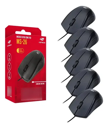 Kit com 5 Mouses Ópticos C3Tech MS-26 com Fio Preto de 2 Metros