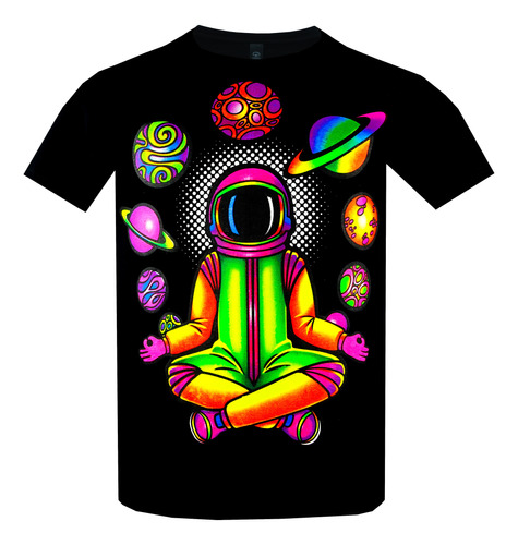 Playera Astronauta Meditando Fluorescente Neón Con Luz Negra