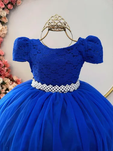 Vestido Infantil Dama Honra Azul Royal Casamento Renda