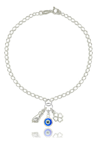 Pulseira Pingente Olho Grego Figa Trevo Sorte Prata Lei 925