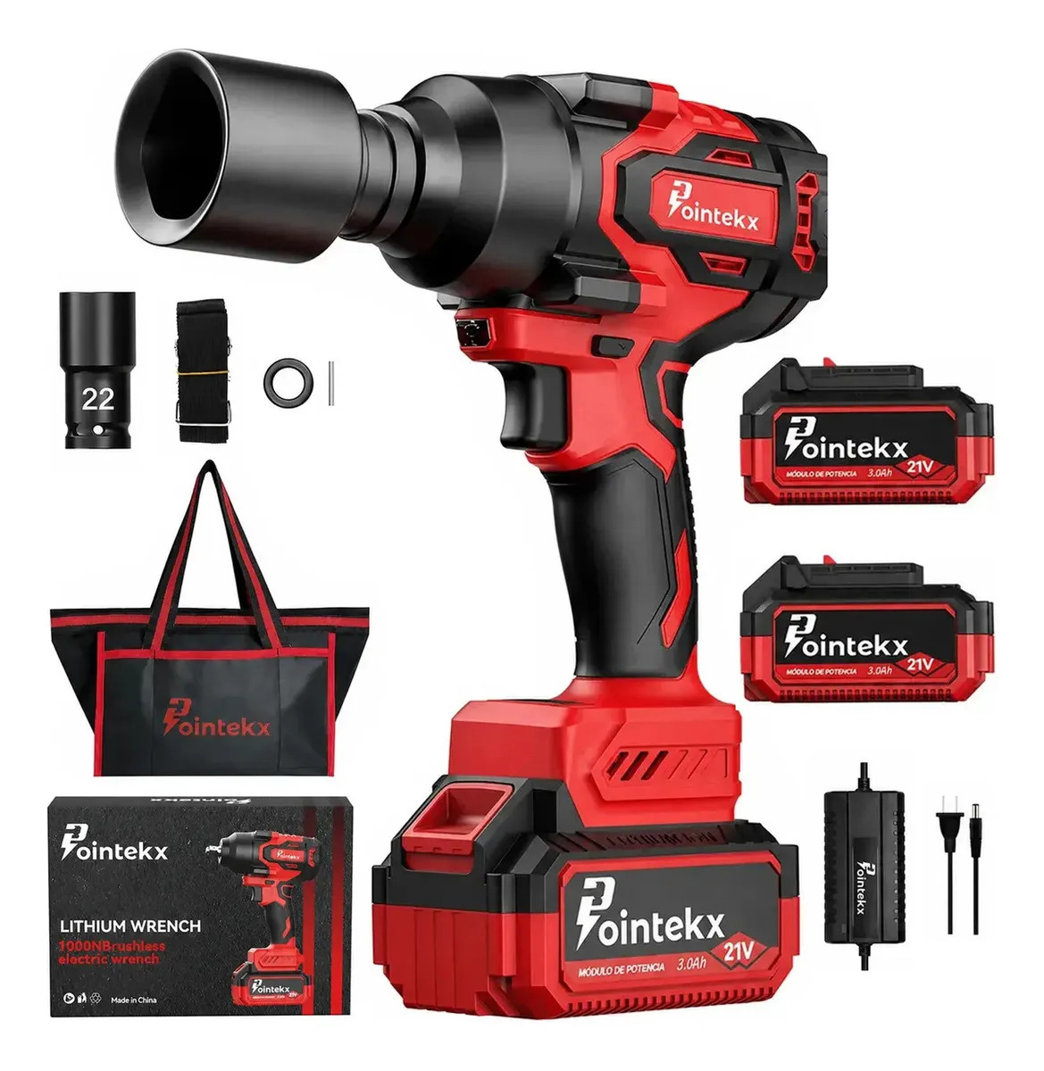 Llave de Impacto Pistola Inalámbrica Eléctrica 1/2" 1000 nm Sin Escobillas 21V con 2 Baterías 3.0Ah para Camiones - Pointekx