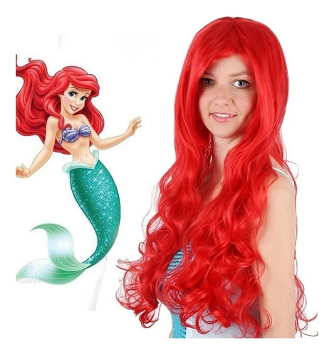 Peluca De Cosplay Rizada Larga Roja Ariel Sirenita