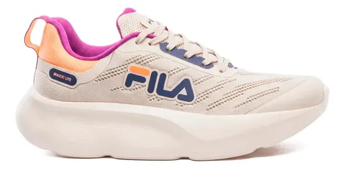 Tênis Fila Maxxi Lite feminino na cor bege com detalhes em rosa, laranja e azul marinho, vista lateral