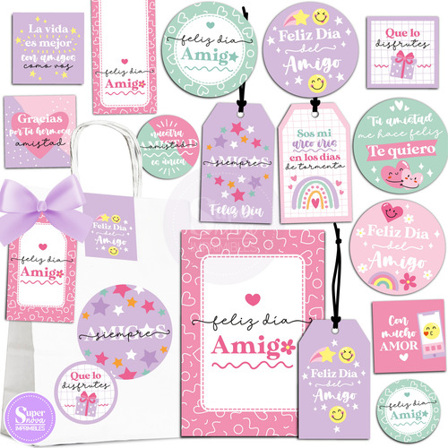 Kit Imprimible Día Del Amigo Con Amor Tags Stickers Tarjetas
