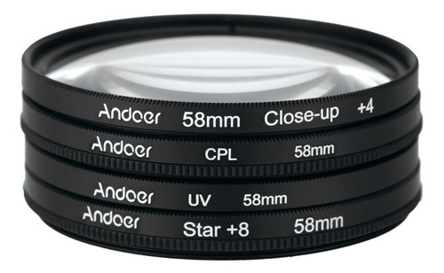 Andoer 58mm Uv+cpl+close-up+4 +estrella Filtro Circular De 8