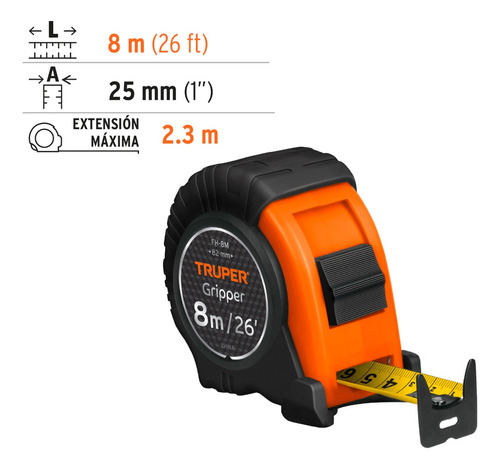 Flexómetro Gripper, Contra Impacto, 8 M, Cinta 25 Mm. Truper