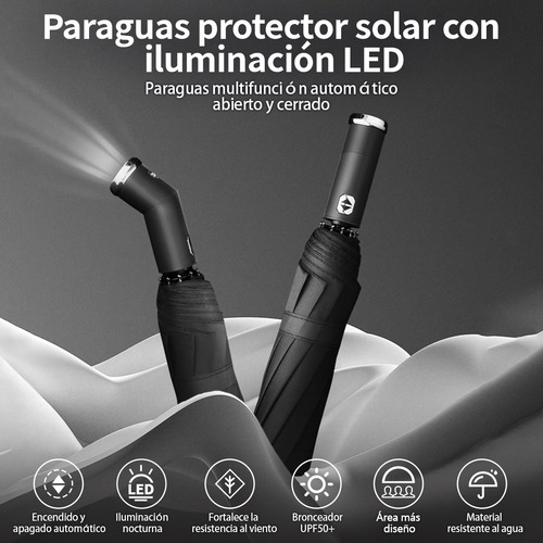 Vanance Paraguas Automatico Anti-uv Apertura Y Cierre Van01216 Paraguas Sombrilla De Bolsillo Con Botón Y Led Rotativo Plegable Grande Protección 2-3 Las Personas Color Negro