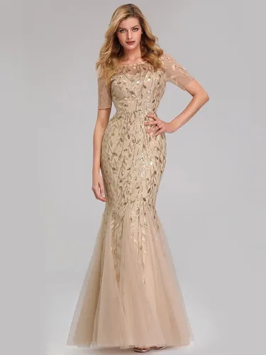 Vestidos de noche beige con dorado new arrivals