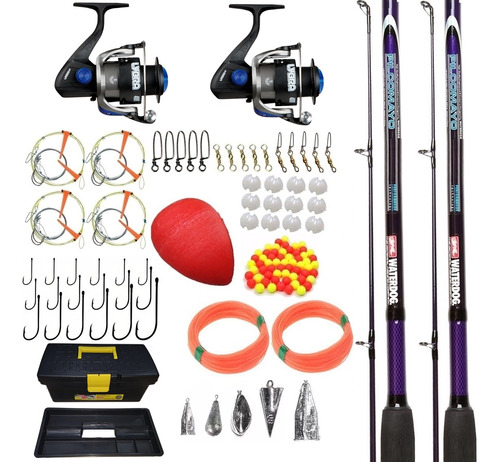 Kit Pesca 2x Reel + 2x Cañas 2 Tramos + Caja Completa Lineas Anzuelos Plomadas Mosquetones