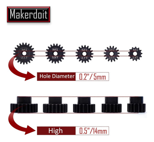 Mod 1 Piñón Engranaje 5mm 13t 15t 17t 19t 21t Mod1 M1 Piñón