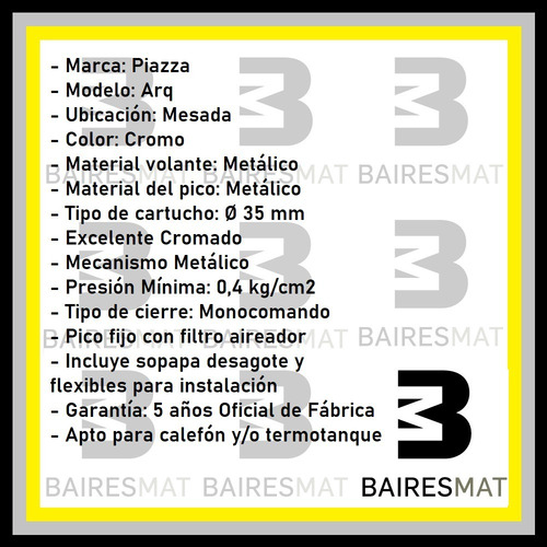 Imagen 5 de 7 de Griferia Monocomando Arq Piazza Bacha A146 45x25 Con Sifon