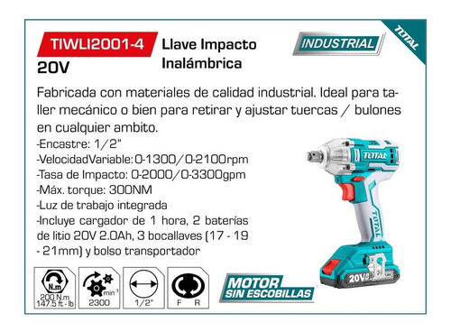 Imagen 4 de 7 de Llave De Impacto Inalámbrica 20v Total