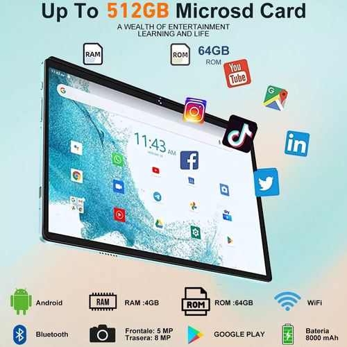 Tablet Android Hd 10.1 De 4 Gb Y 64 Gb De Memoria Octa-core