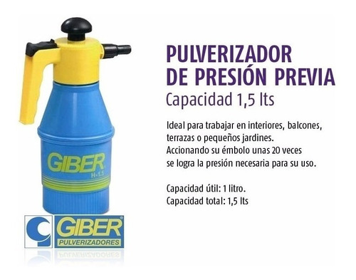 Imagen 1 de 3 de Pulverizador Fumigador Presion Giber 1,5 Litros Lomas