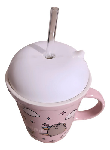 Taza Cerámica Pusheen Con Tapa Y Popote Rosa Claro Rosa Claro