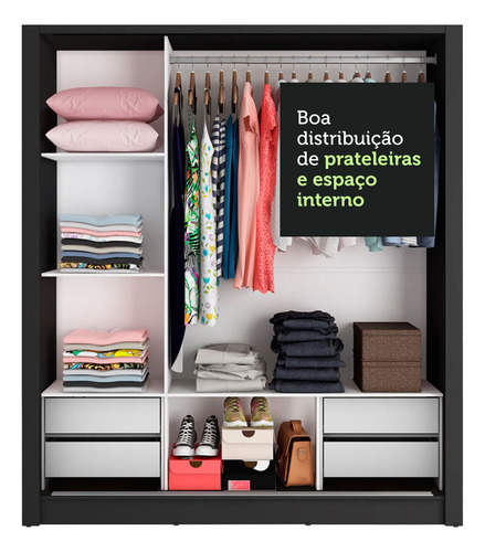 Guarda Roupa Madesa Lyon Plus 3 Portas Espelho 4 Gavetas Cor Preto 10938N1E4G