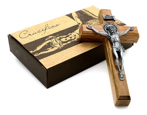 Mini Crucifixo Madeira Para Parede Metal Onix - 12cm