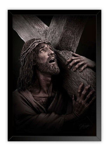 Quadro Placa Jesus Cristo Sofrimento Cruz Moldura A3 Cor Da Armação Preto