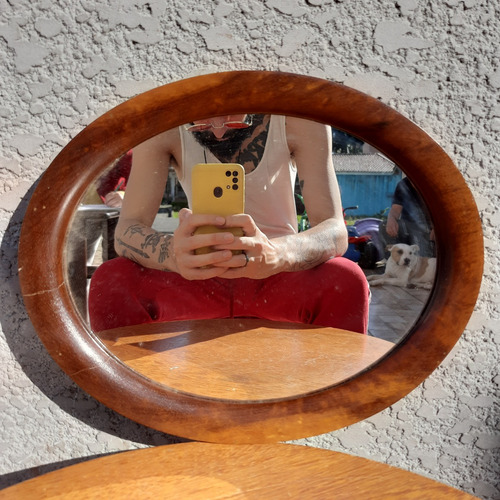 Espelho Antigo Moldura Oval Madeira Nobre Imbuia 32 Cm