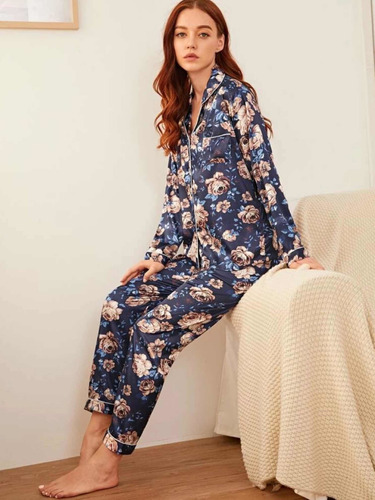 Conjunto De Pijama De Satin Para Mujer Azul Nuevo Talla L