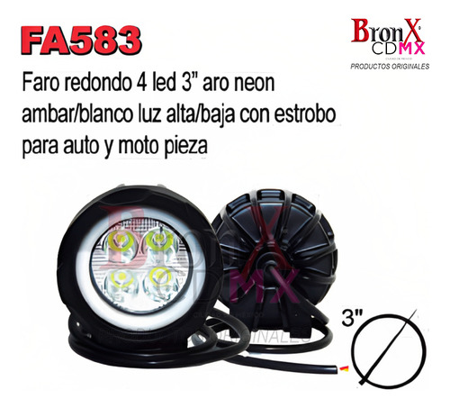 Faro Red 4 Led 3pLG Aro Neon Amb/bco H/l C/estrob Auto-moto