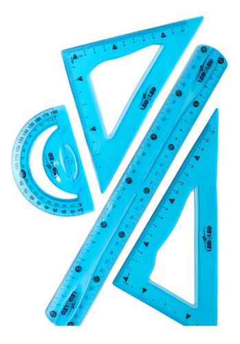 Kit Geométrico De Réguas Flexível Com 4 Peças Escolar Cor Azul