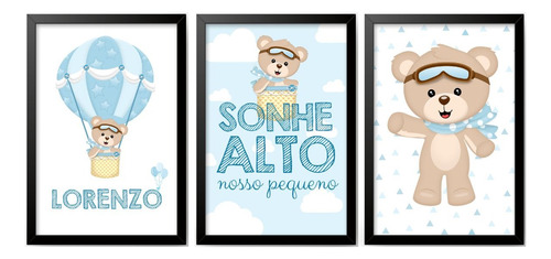 Kit Com 3 Quadros Decorativos Do Tema Ursinho Baloeiro