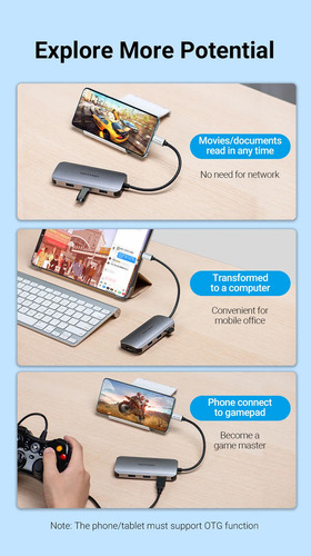 Hub Usb Multipuerto Vention - 6 En 1 - Usb C A Hdmi + 3 Puertos Usb 3.0 + Power Delivery 100w Usb C - 4k 30hz - 5gbps Carcasa Aluminio - 15 Cm - Premium Para Monitor / Pc / Mac / Laptop - Tofhb
