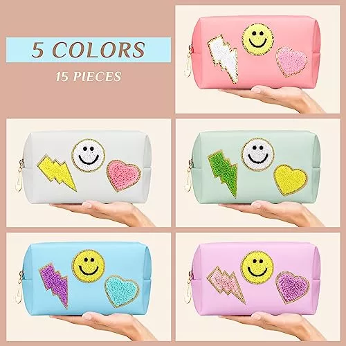 Silkfly 15 Pcs Preppy Patch Makeup Bag Bulk Chenille Letters Cosmetic Bag  Toiletry Bag Smile Lightning Heart PU Leather Portable Waterproof Makeup