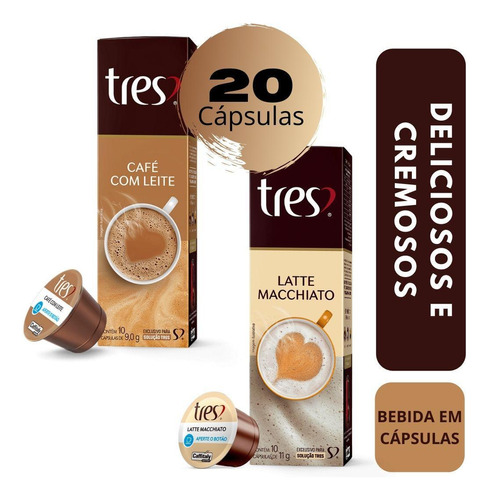 20 Capsulas Tres Corações Café Com Leite + Latte Macchiato
