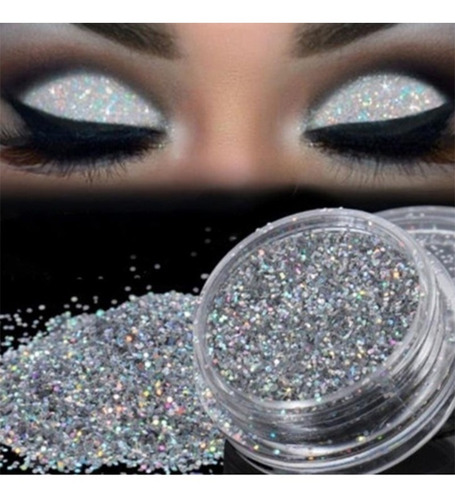 Imagen 4 de 8 de Polvo Gibre Glitter Plateado Holografico Ojos Labios Uñas