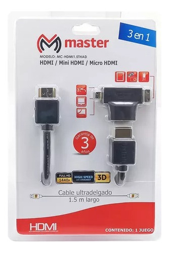 Cable Hdmi Ultradelgado 1.5. Con Adaptador Mini Y Micro Hdmi
