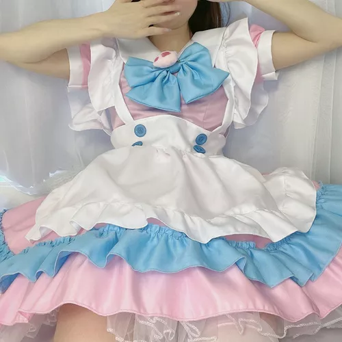 Vestido de empregada rosa Lolita para mulheres, traje Cosplay