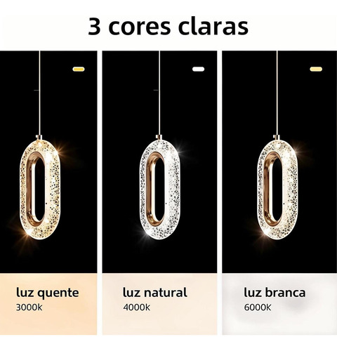 Luminária Pendente Anel De Cristal Oval Led 8w Cor Ajustável