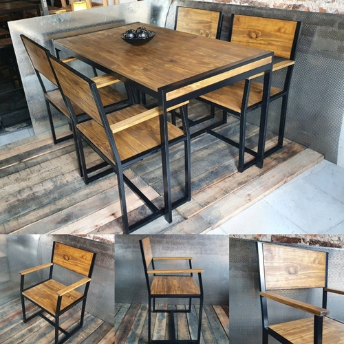 Imagen 2 de 8 de Mesa Industrial Comedor 160x80 Con 4 Sillones Madera Hierro