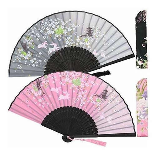 Imagen 1 de 4 de Zolee 2 Pcs Abanicos Para Mujer - Abanicos De Seda De Bambú